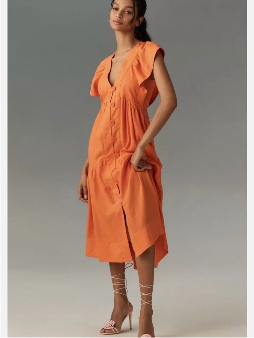 Anthropologie The Renee Orange Flutter Sleeve Linen Front Button Midi Dress XXS